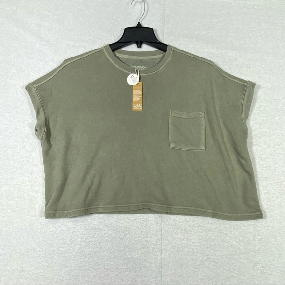 C&C California Sunwashed Beach Terry Sweater Women's S Green Crop Oversized NWT - Picture 1 of 9